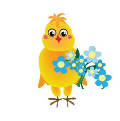 Funny modest yellow chicken with blue flowers on a white background
