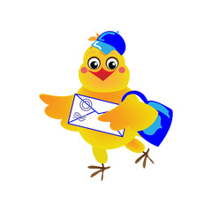 Funny yellow chicken postman with a bag and a cap carries a letter on a white background