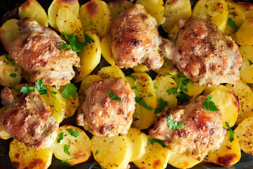 Oven baked potatoes with chicken. Baked potatoes with chicken pieces.