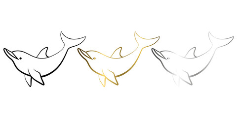 Three color black gold and silver Line art vector illustration of a dolphin
