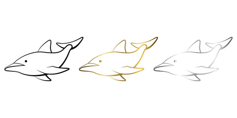 Three color black gold and silver Line art vector illustration of a dolphin