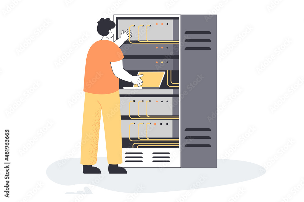 Poster professional electrician checking cables of switchboard panel. engineer character with server rack, 