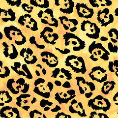 Leopard Seamless pattern. Leopard  vector print. Animal skin texture. Black and yellow spots on a orange watercolor background. Abstract repeating pattern - imitation of leopard skin 