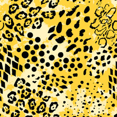 Fototapeta na wymiar Seamless pattern from a mixture of black animal skin prints, leopard, snake. safari africa. Trendy vector design for print on wallpaper, fabric, cover, on orange watercolor background.