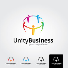 Five happy motivated people in a round colorful logo