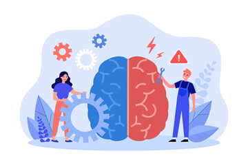 Teamwork of tiny people on broken human brain repair. Man and woman with tools and gears flat vector illustration. Mental health, business skills concept for banner, website design or landing web page