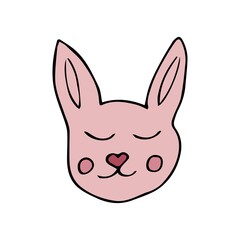 Cute funny face of bunny. Adorable baby hares head. Rabbits muzzle in doodle style. Amusing little young animal with lovely eyes and long ears. Flat vector illustration isolated on white background
