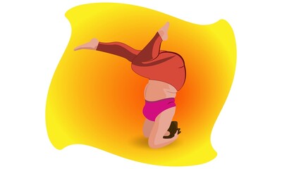 The fat woman goes in for sports and yoga. Stand upside down. gymnastics exercises. Overweight. Lose weight. Diet