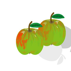 illustration of green apples with red stripes and leaves. vector graphics