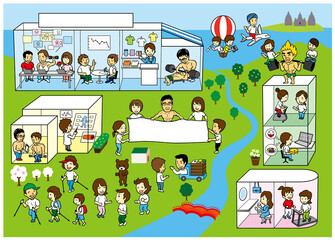 スポーツジムでバーベルやダンベルを使ってトレーニングをしたりダイエットの相談をする男性、
エアロバイクやルームランナーをする女性、
自然の中でノルディックウォーキングやジョギングをしたり、飛行機に乗っているインドネシア人。
ベクターイラスト。経営ビジョン。