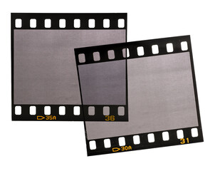 two single 35mm film strips overlapping each other on white background, cool poster or vintage...