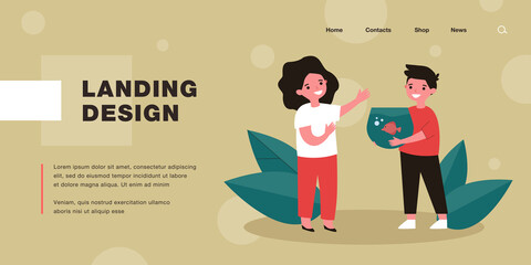 Cartoon boy showing or giving fish in tank to friend. Happy child holding aquarium with fish flat vector illustration. Friendship, pets concept for banner, website design or landing web page