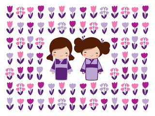 Cute girls with spring flowers. Greeting card, background, banner for Mother's Day, March 8, Valentine's Day, birthday,  wedding. Vector. 
