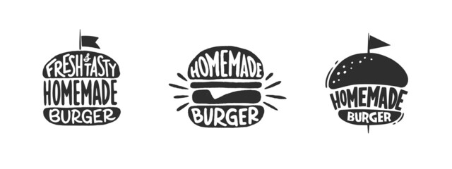 Set of homemade burger retro logo, emblem. Lettering typography poster - obrazy, fototapety, plakaty