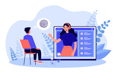 Online therapy to person with confusion in head. Conversation of female psychologist with headset and man flat vector illustration. Psychology concept for banner, website design or landing web page