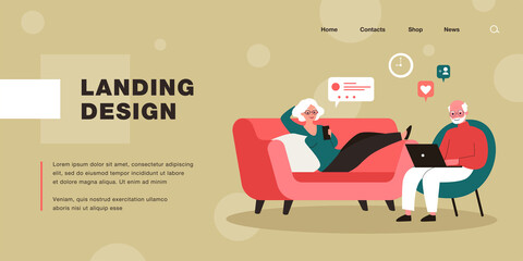 Elderly couple resting in living room using gadgets. Flat vector illustration. Modern retirees using smartphone and laptop, communicating on Internet. Family, technology, social network concept
