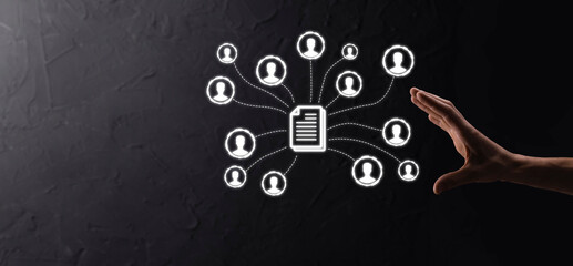 Man hold document and user icon.Corporate data management system DMS and document management system...