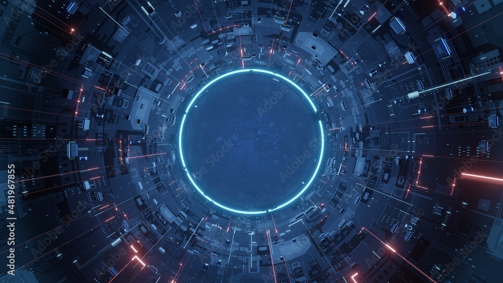 Poster 3d rendering of abstract technology product display background. glowing sci-fi circle circuit hud on