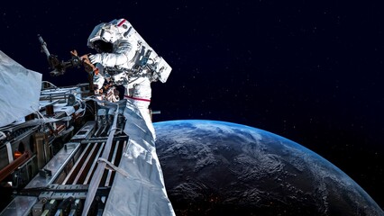 Astronaut spaceman do spacewalk while working for spaceflight mission at space station . Astronaut wear full spacesuit for operation . Elements of this image furnished by NASA space astronaut photos .