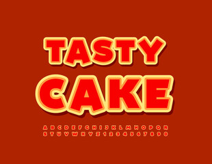 Vector creative emblem Tasty Cake. Funny creative Font. Bright sticker Alphabet Letters and Numbers