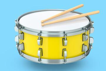 Realistic drum and wooden drum sticks on blue. 3d render of musical instrument