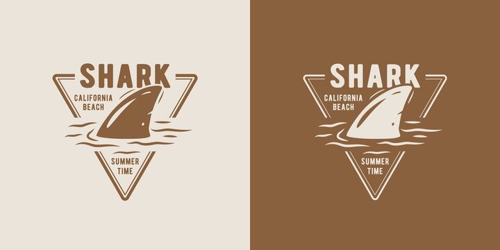 Surfing print of shark fin and surf board on waves. Vector illustration hawaii summer t-shirt design