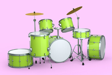 Set of realistic drums with metal cymbals or drumset on pink background