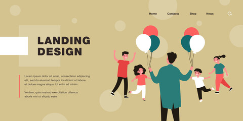 Cartoon man giving colorful balloons to children. Flat vector illustration. Happy smiling kids getting balloons from man. Present, party, happiness, joy, charity concept for banner design