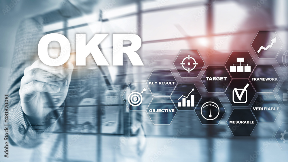 Poster okr - objective key result concept. mixed media on a virtual structured screen. project management