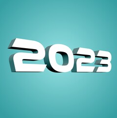 The year 2023 inscription, white 3d number 2023, white letterts, new year sign, to be used on a banner, flyer or t-shirt, 3d illustration