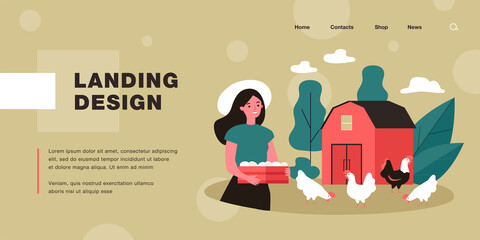 Female farmer holding crate with eggs near chicken coop or barn. Happy rural woman next to hens and rooster flat vector illustration. Farming, agriculture concept for website design or landing page