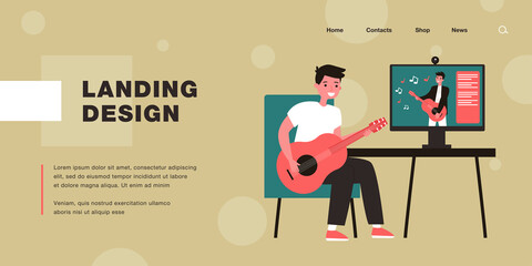 Cartoon young man learning playing guitar online. Flat vector illustration..Young man watching musical lessons on guitar play in Internet. Hobby, art, music, modern technology concept for design
