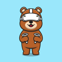 Cute bear using virtual reality headset cartoon icon illustration