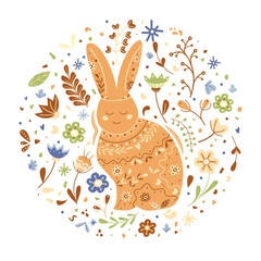 Cute Easter print, hare and flowers and twigs