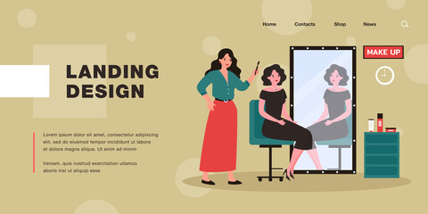 Female cartoon celebrity sitting in makeup artist chair. Beautiful actress in dress in front of retro mirror, stylist with brush flat vector illustration. Beauty salon or service, cosmetics concept