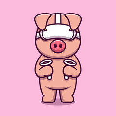 Cute pig using virtual reality headset cartoon icon illustration