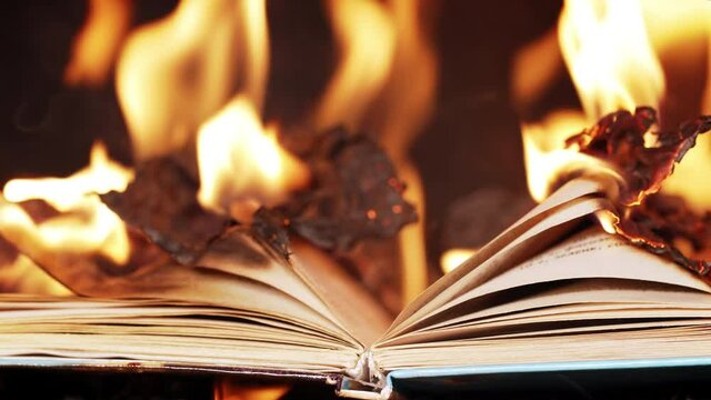 Open book is on fire, pages are engulfed in flames. Concept of censorship, prohibition of freedom information, 451 fahrenheit, old literature in paper format is no longer in demand.