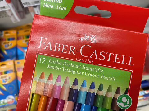 Viersen, Germany - January 9. 2022: Closeup of packet faber castell colored pencils in german store (focus on lower half of packet)