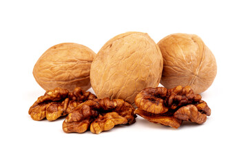 Walnuts in shells isolated on white background. Package design element with clipping path.