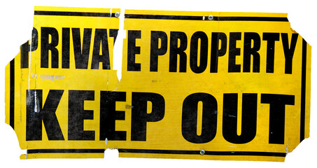Closeup of a yellow private property sign, isoleted on white background