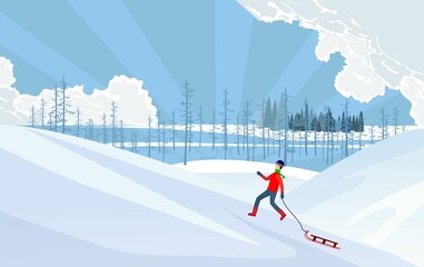 Winter snowy landscape, white hills and boy with sled go to top of the hill, vector