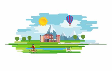 Countryside farmland, houses, railroad and train on hill and ,trees lakes, vector illustration
