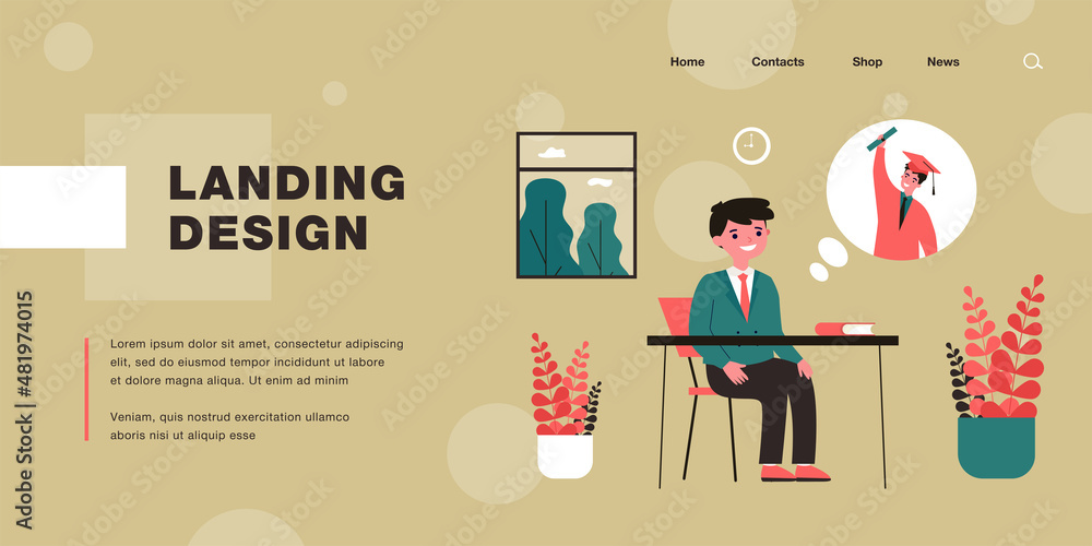 Poster pupil thinking of graduating from university. boy in school uniform daydreaming in class flat vector