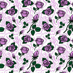 Seamless rose pattern, hand-drawn doodle-style elements. Purple roses, buds, leaves and ribbons. Silhouette, outline. Flowers. Symbol. Valentine's Day. Vector image of purple roses on white background