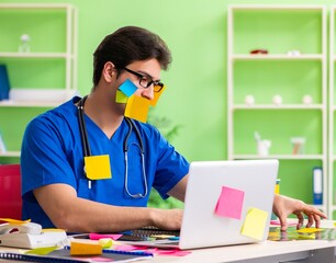 Young doctor sitting in hospital with many conflicting prioritie