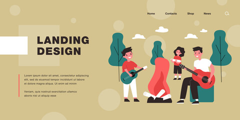 Cartoon children playing guitar in summer camp. Flat vector illustration. Children playing music outdoors, sitting around campfire. Nature, music, hobby, camp concept for banner design or landing page