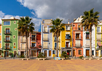 view of the colorful houses on the beach in the historic old town of Villajoyosa