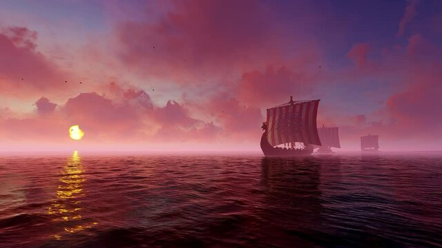 Sailing boats of the Vikings glide smoothly over the water surface in the light morning mist.