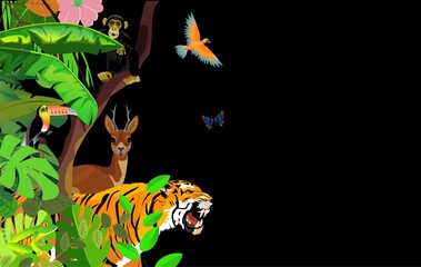 Vector jungle rainforest foliage  border illustration with elk, toucan, tiger, chimpanzee and butterflies