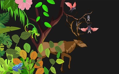 Vector jungle rainforest foliage  border illustration with deer, bats, green apes, 